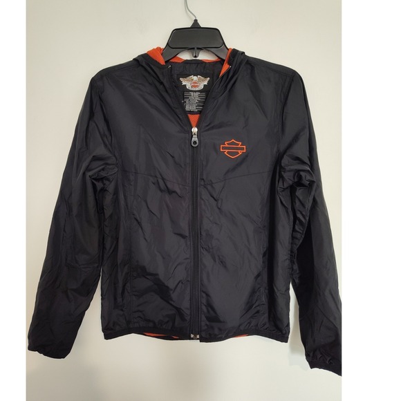 Harley-Davidson Jackets & Blazers - Harley-Davidson Womens Black Orange Hooded Windbreaker Jacket XS 98405-06VW